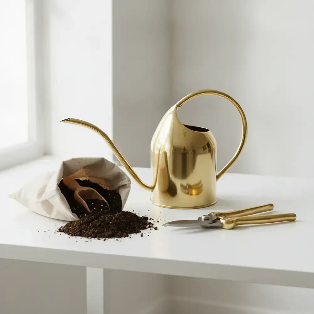 Premium brass watering can, pruning shears, and organic soil mix on a clean studio table
