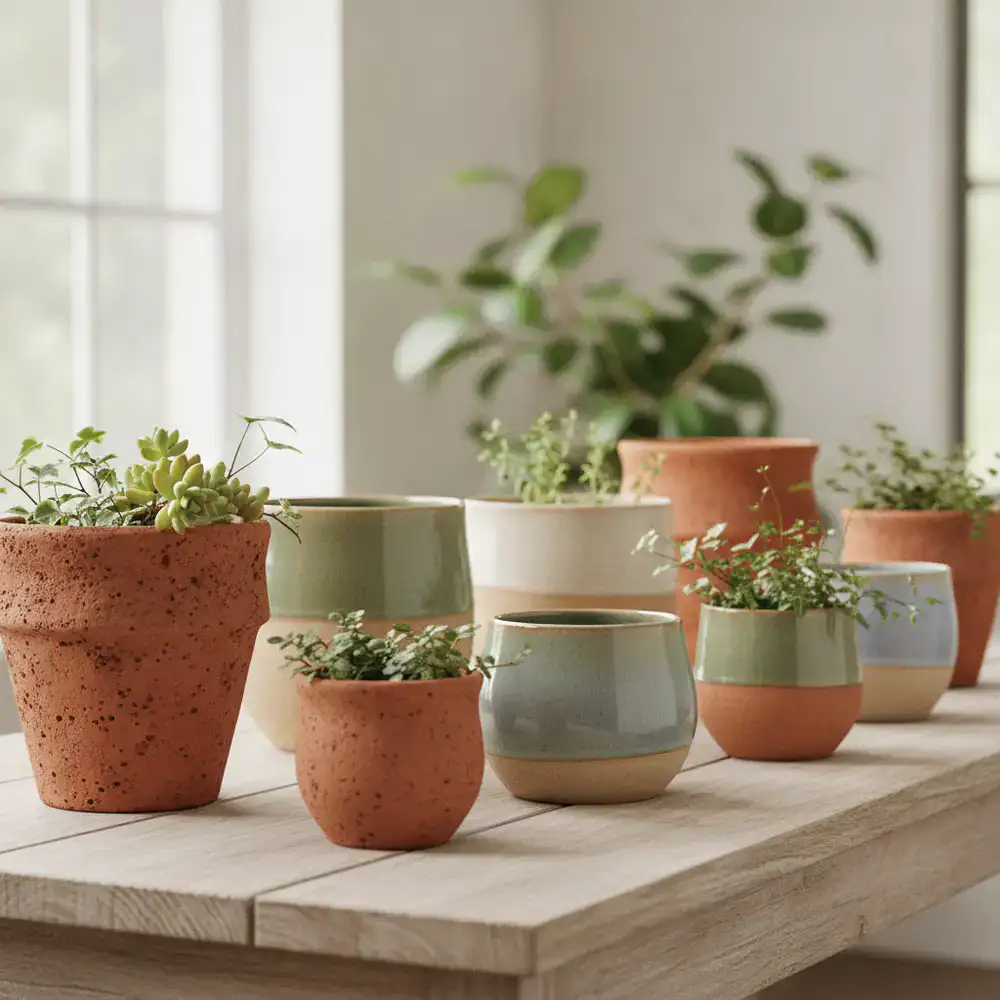 Handcrafted terracotta and ceramic plant pots arranged elegantly