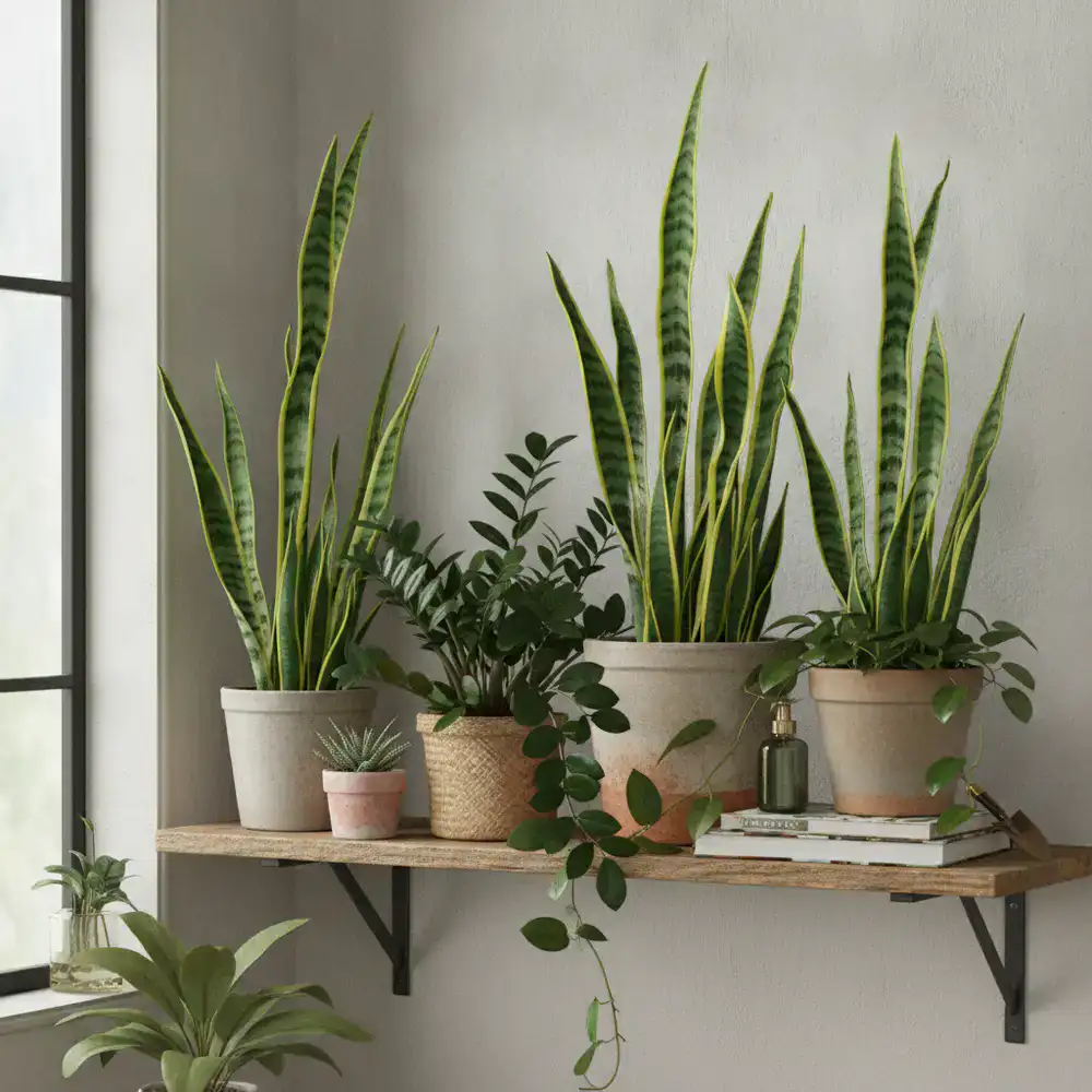 Collection of snake plants and ZZ plants on a wooden shelf