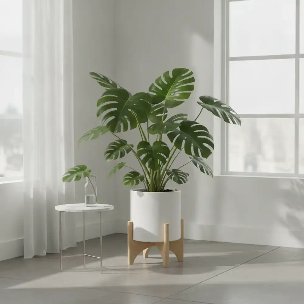 Large Monstera Deliciosa plant in a minimalist white planter