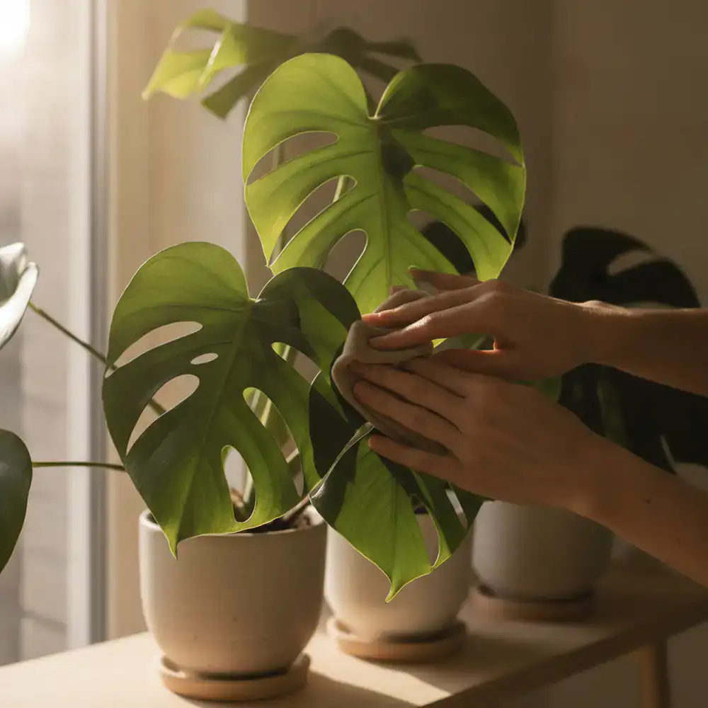 A bright, minimalist living room in Ho Chi Minh City featuring large statement indoor plants in terracotta pots