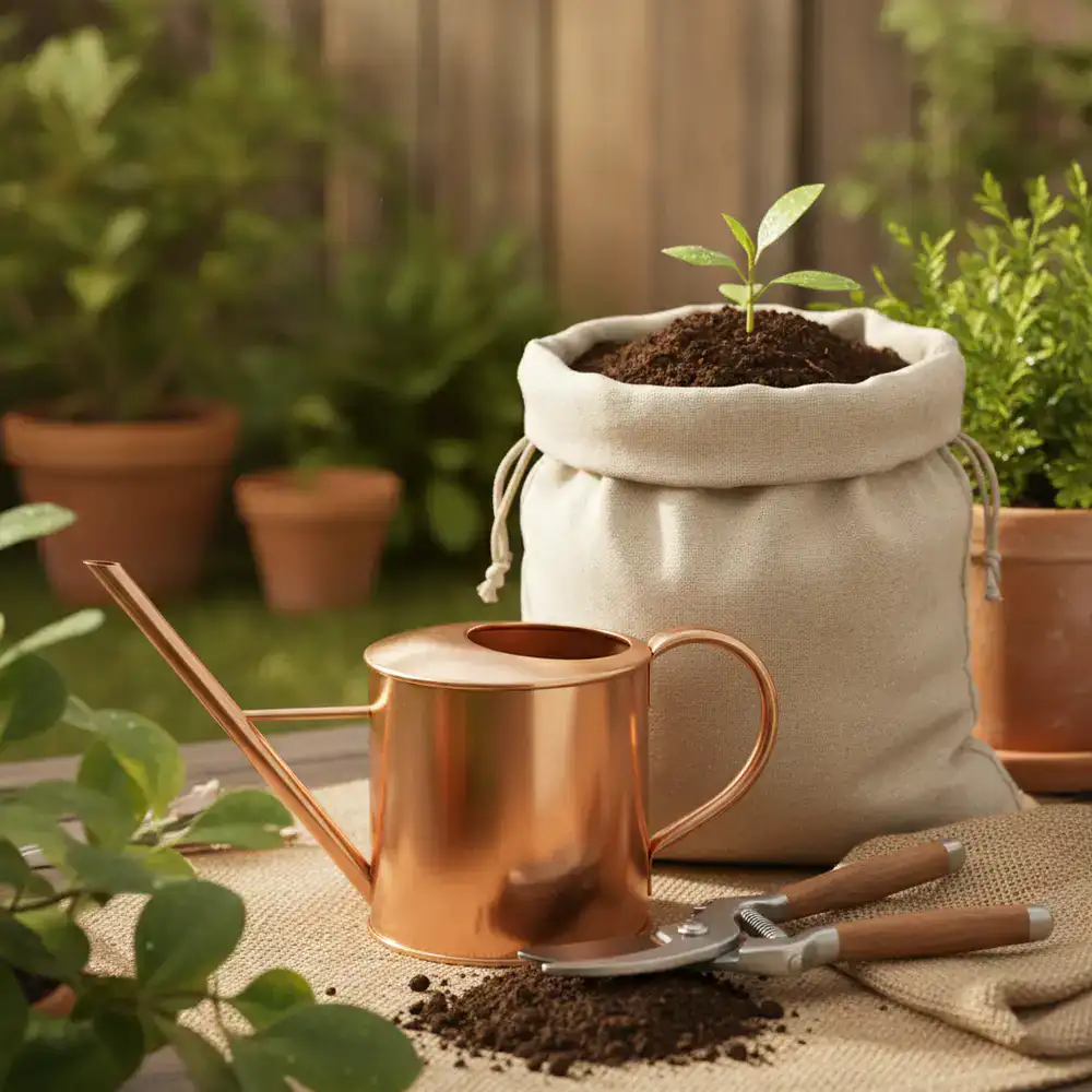 Premium watering can, pruning shears, and organic soil bag