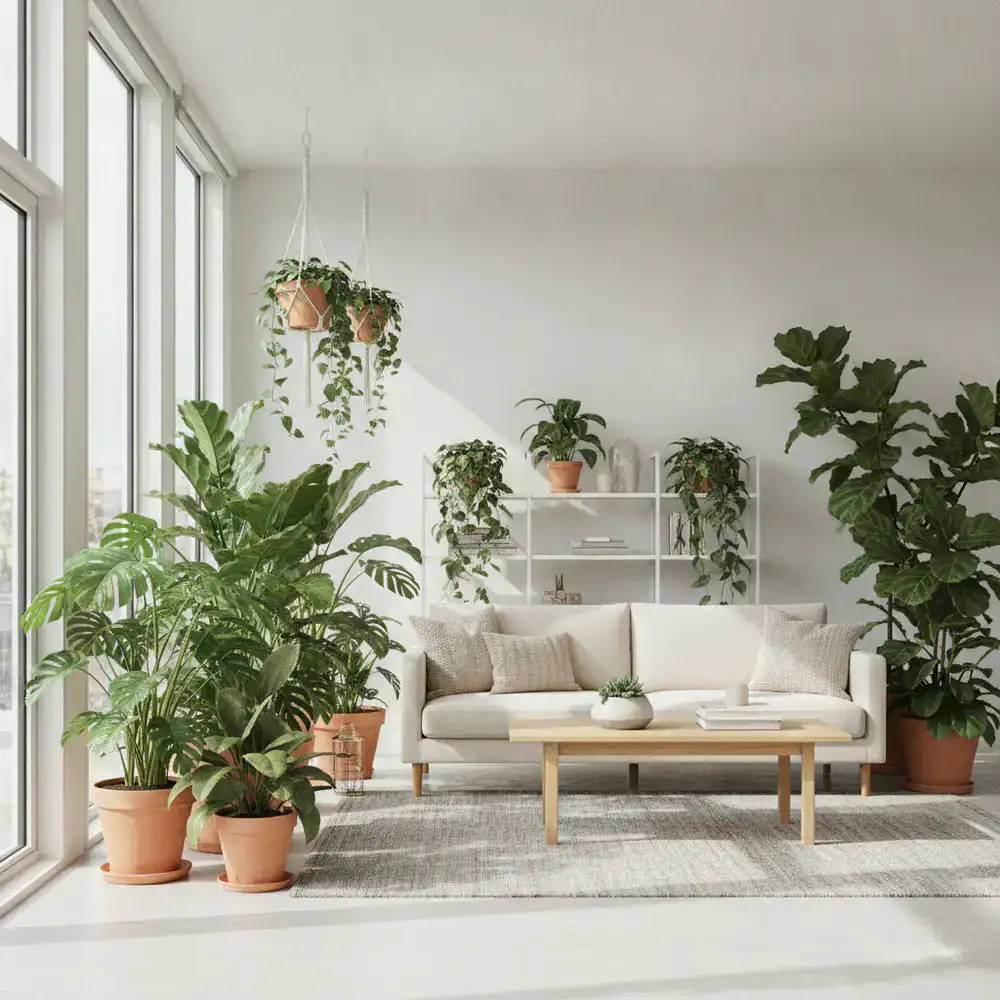 Lush indoor plants arranged in a bright, minimalist modern living room