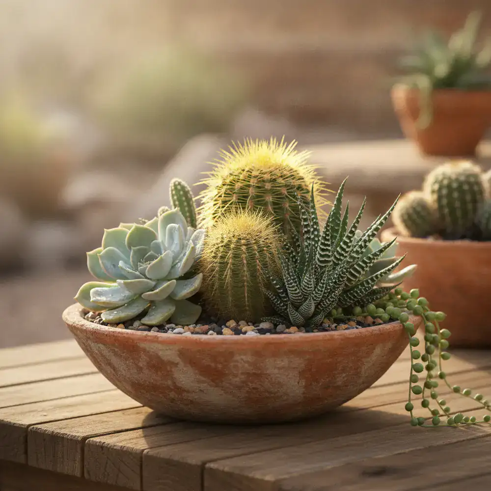 Close up of an aesthetic arrangement of desert succulents and cacti in a terracotta bowl