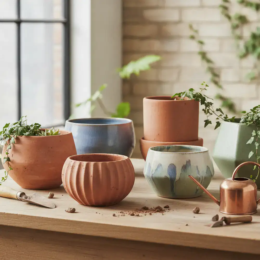 Assortment of handmade terracotta and ceramic plant pots