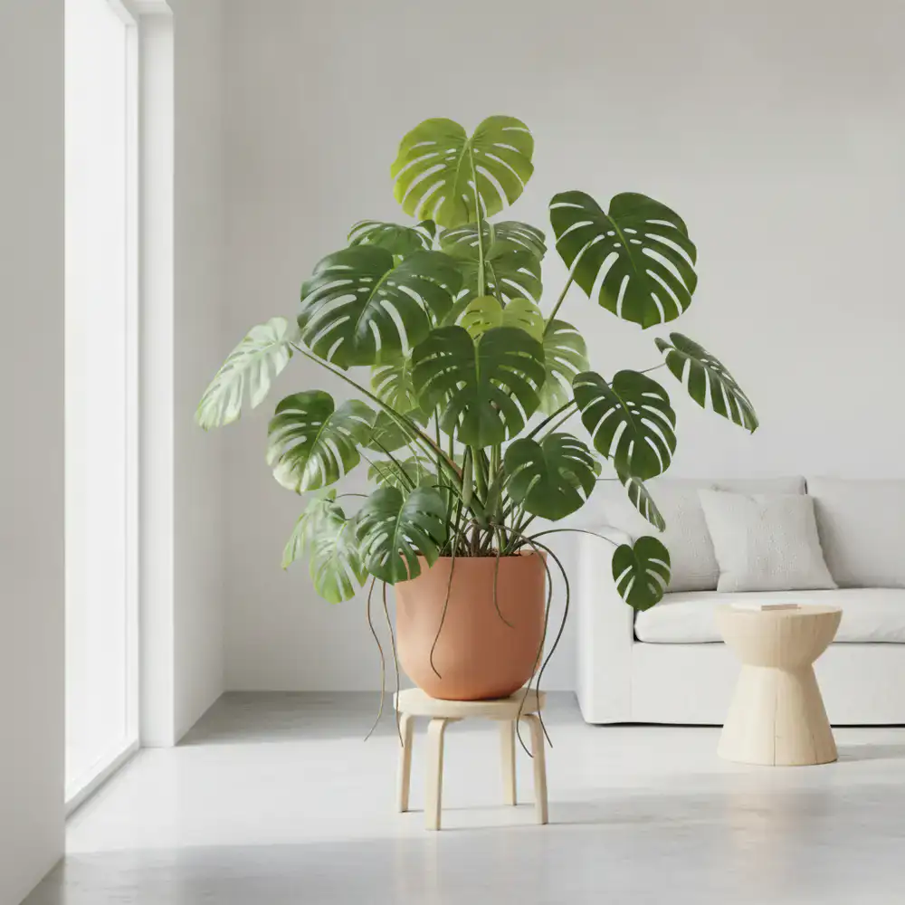 Lush large Monstera Deliciosa plant in a minimalist white room