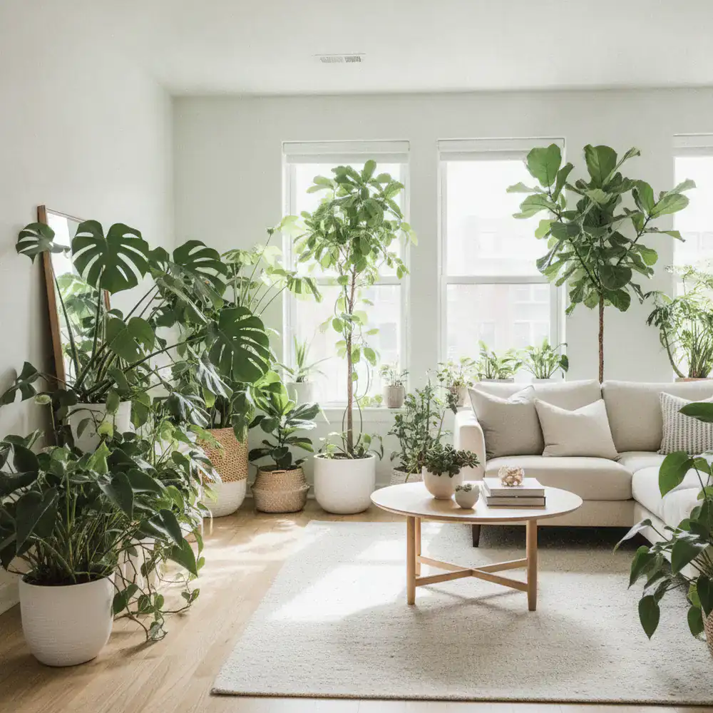 Lush indoor plants in a well-lit minimalist apartment