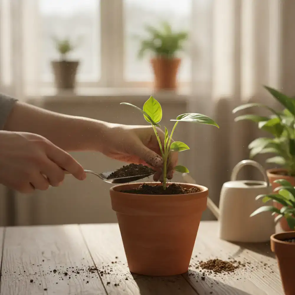 Hands carefully potting a small indoor houseplant