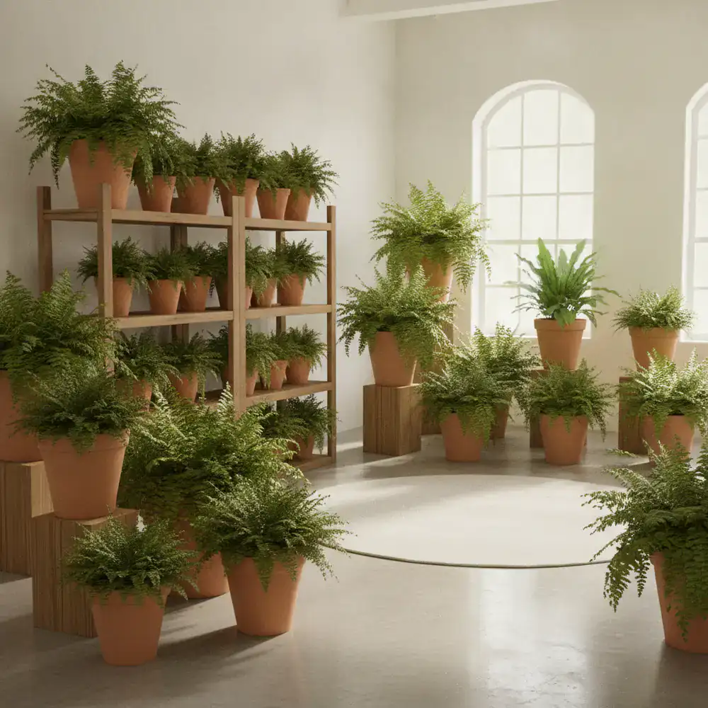 A bright minimalist studio filled with organized terracotta pots and lush ferns